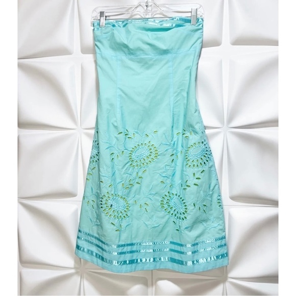 Express Sz 0 Blue Strapless Eyelet Lace Empire Waist Dress Sundress Easter - Picture 3 of 8